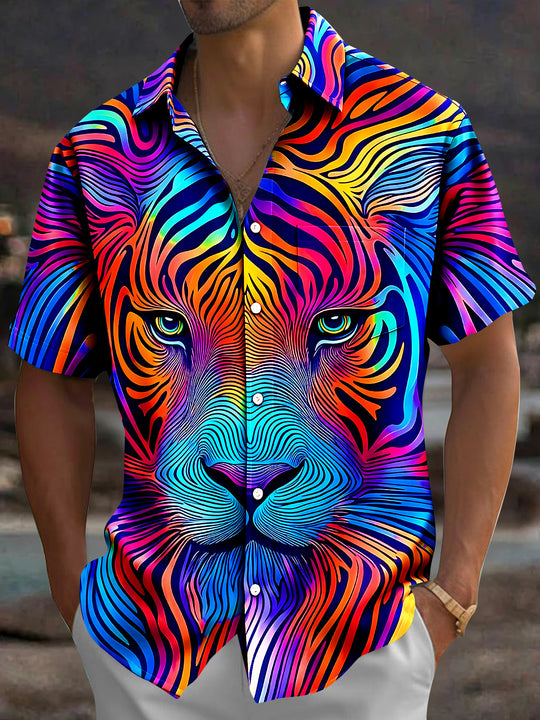 Adaychic Men's Graphic Pattern Print Short Sleeve Shirt with Chest Pocket