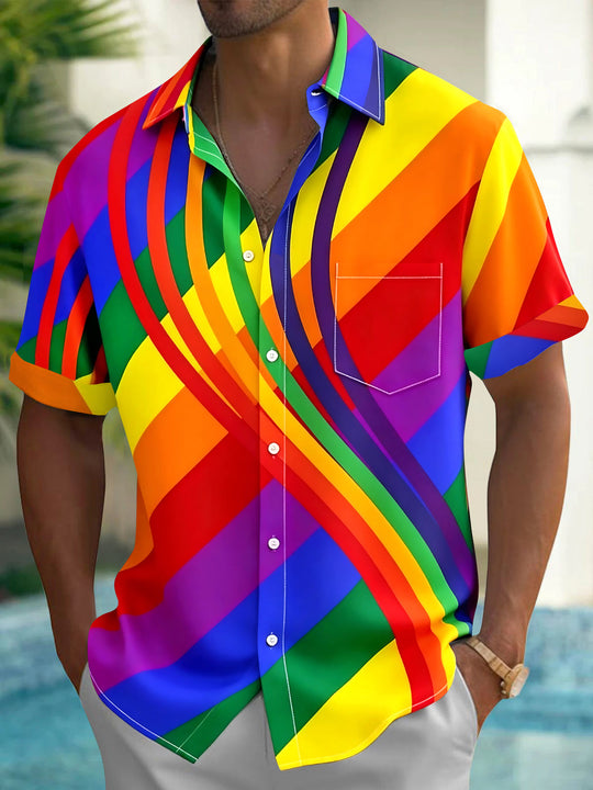 Adaychic Men's Printed Rainbow Wavy Stripes Print Short Sleeve Shirt with Chest Pocket
