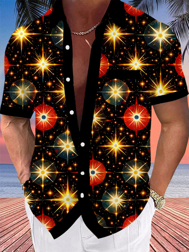 Adaychic Men's Hawaiian Space Starburst Pattern Short Sleeve Shirt with Chest Pocket