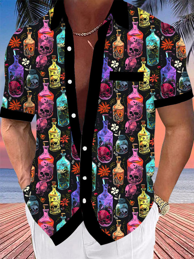 Adaychic Men's Hawaiian Skull Bottles Print Floral Pattern Short Sleeve Shirt with Chest Pocket