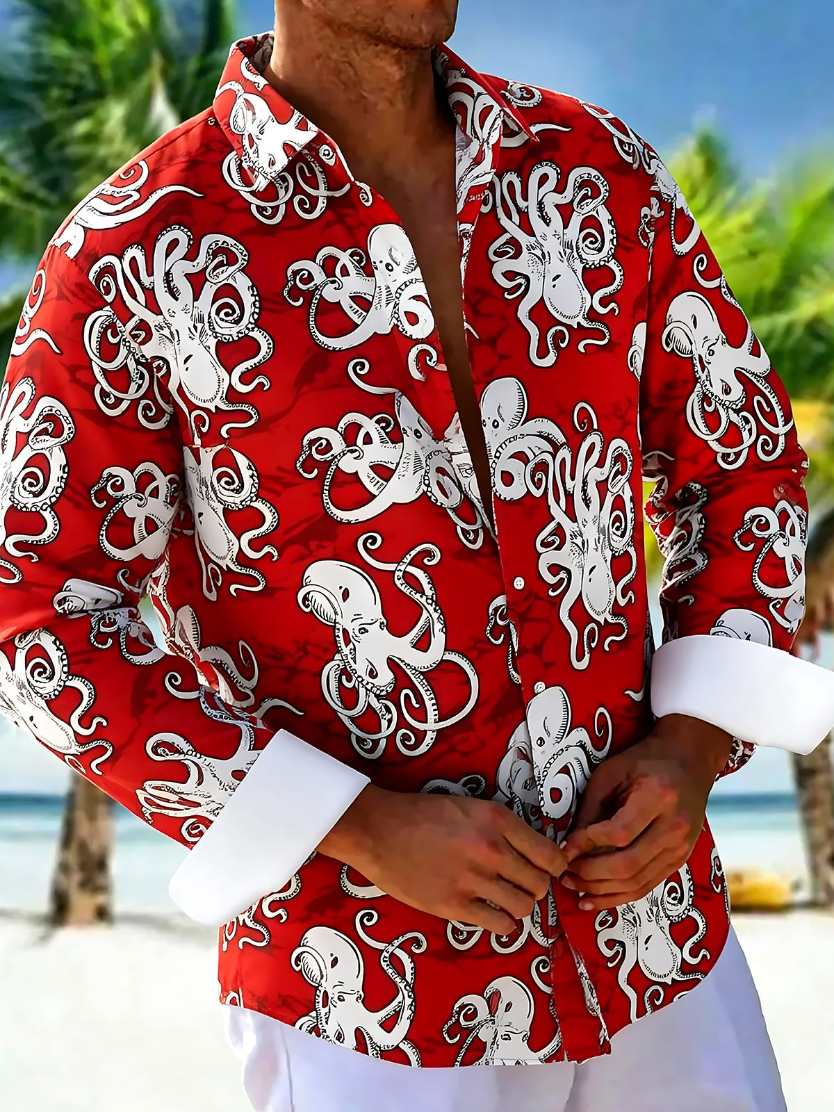 Adaychic Men's Hawaiian Octopus Print Red Background Print Long Sleeve Shirt with Chest Pocket