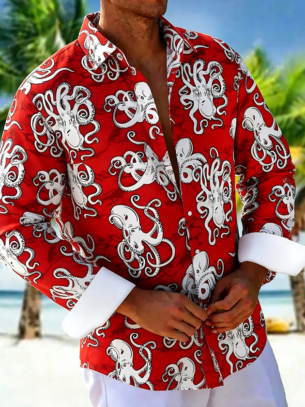 Adaychic Men's Hawaiian Octopus Print Red Background Print Long Sleeve Shirt with Chest Pocket