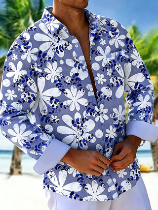 Adaychic Men's Hawaiian Blue And White Floral Pattern Long Sleeve Shirt with Chest Pocket