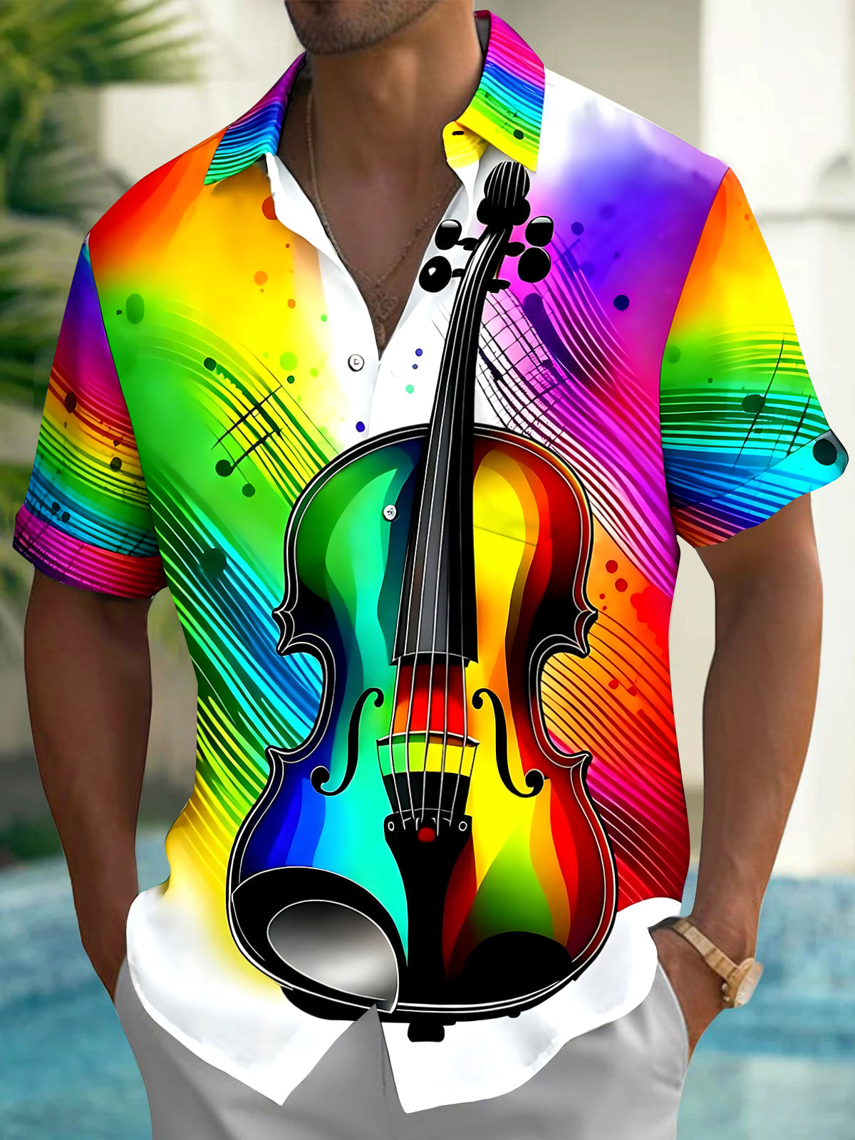 Adaychic Men's Graphic Rainbow Violin Print Short Sleeve Shirt with Chest Pocket