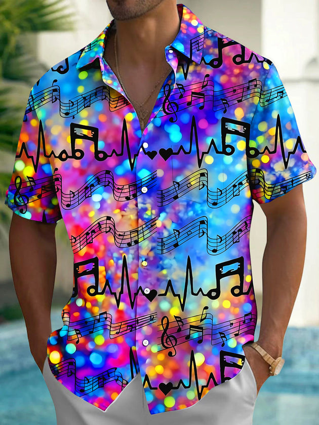 Adaychic Men's Graphic Musical Notes Print Short Sleeve Shirt with Chest Pocket