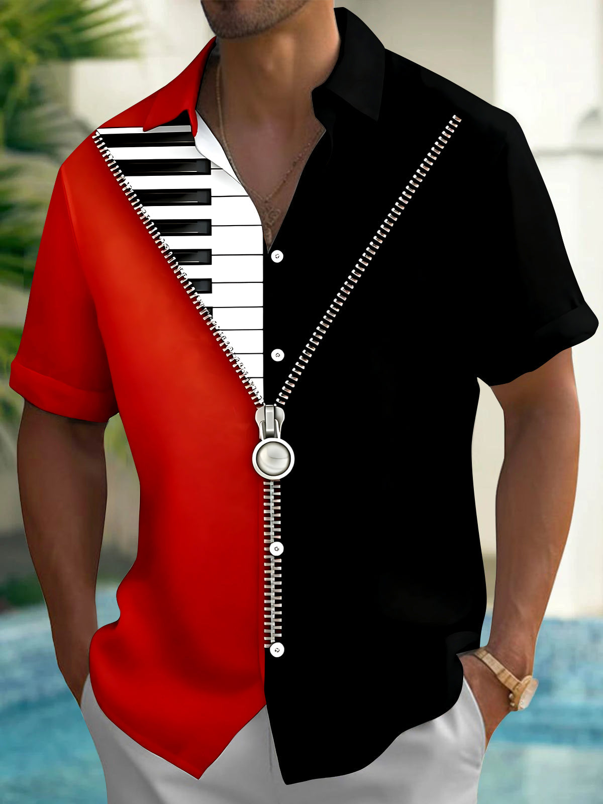 Adaychic Men's Graphic Piano Keyboard Print Short Sleeve Shirt with Chest Pocket