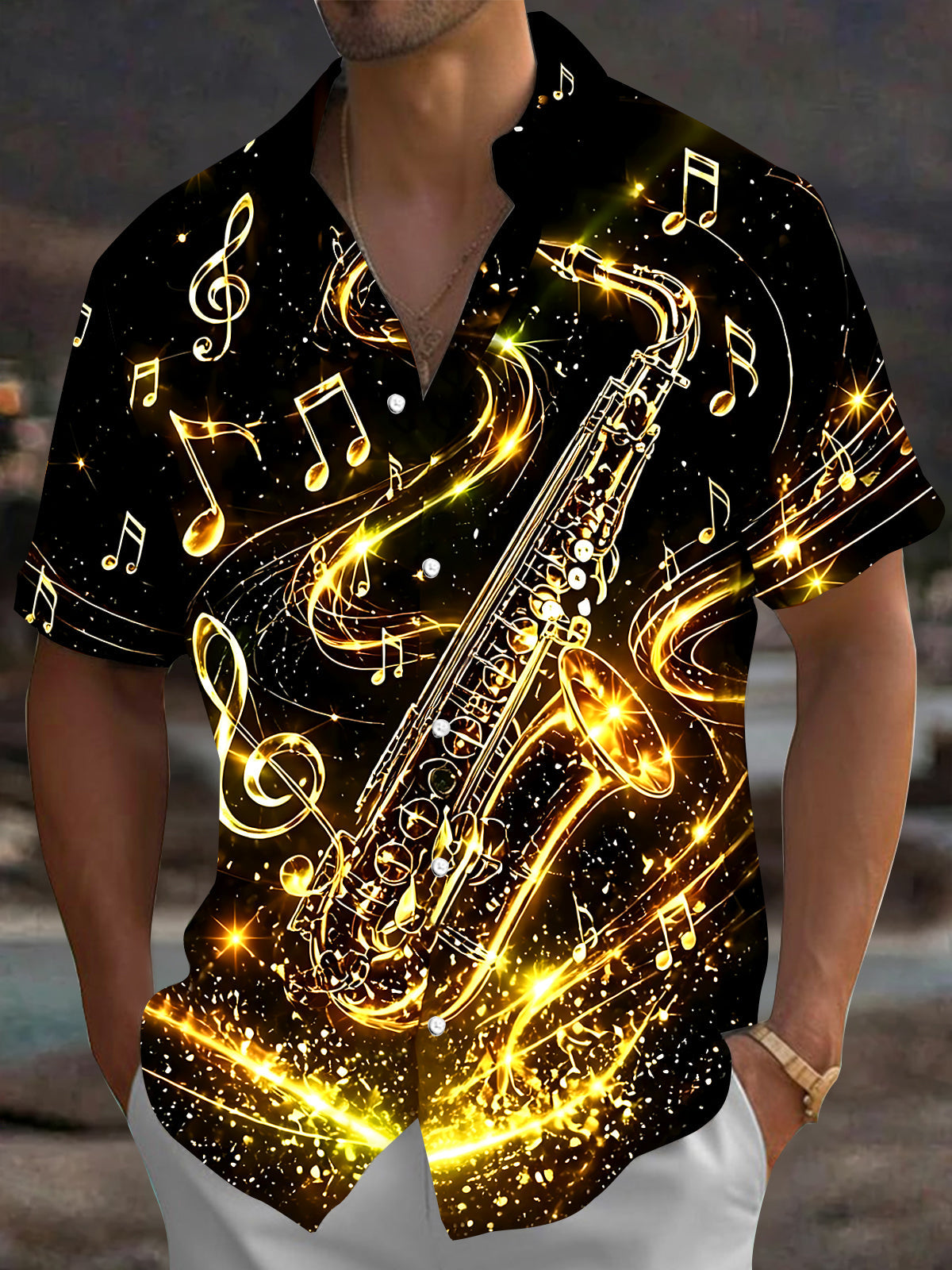Adaychic Men's Hawaiian Golden Saxophone Print Short Sleeve Shirt with Chest Pocket