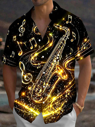 Adaychic Men's Hawaiian Golden Saxophone Print Short Sleeve Shirt with Chest Pocket