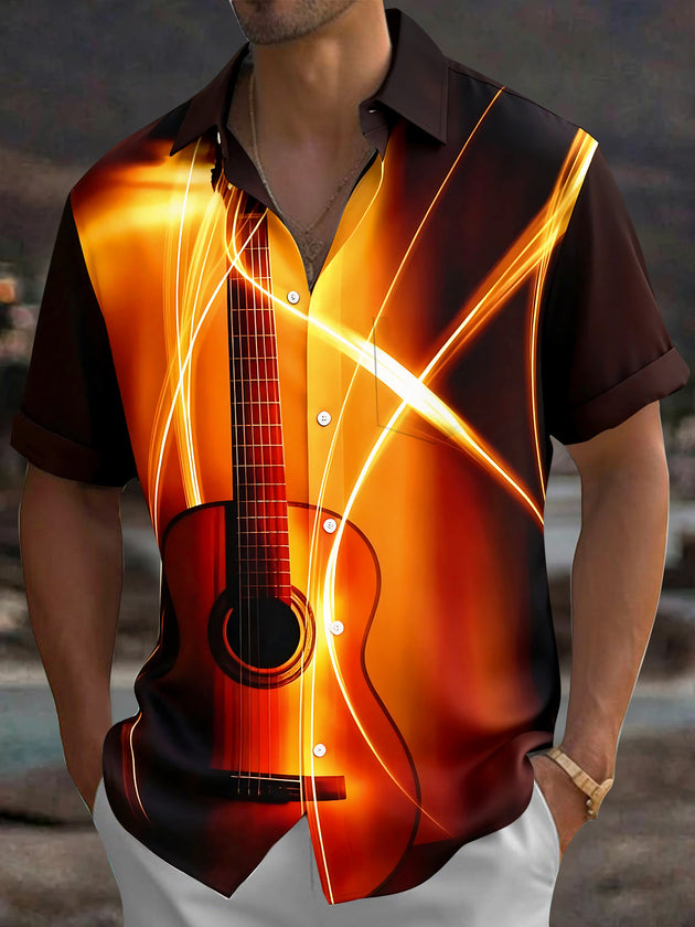 Adaychic Men's Graphic Guitar Print Light Streaks Print Short Sleeve Shirt with Chest Pocket