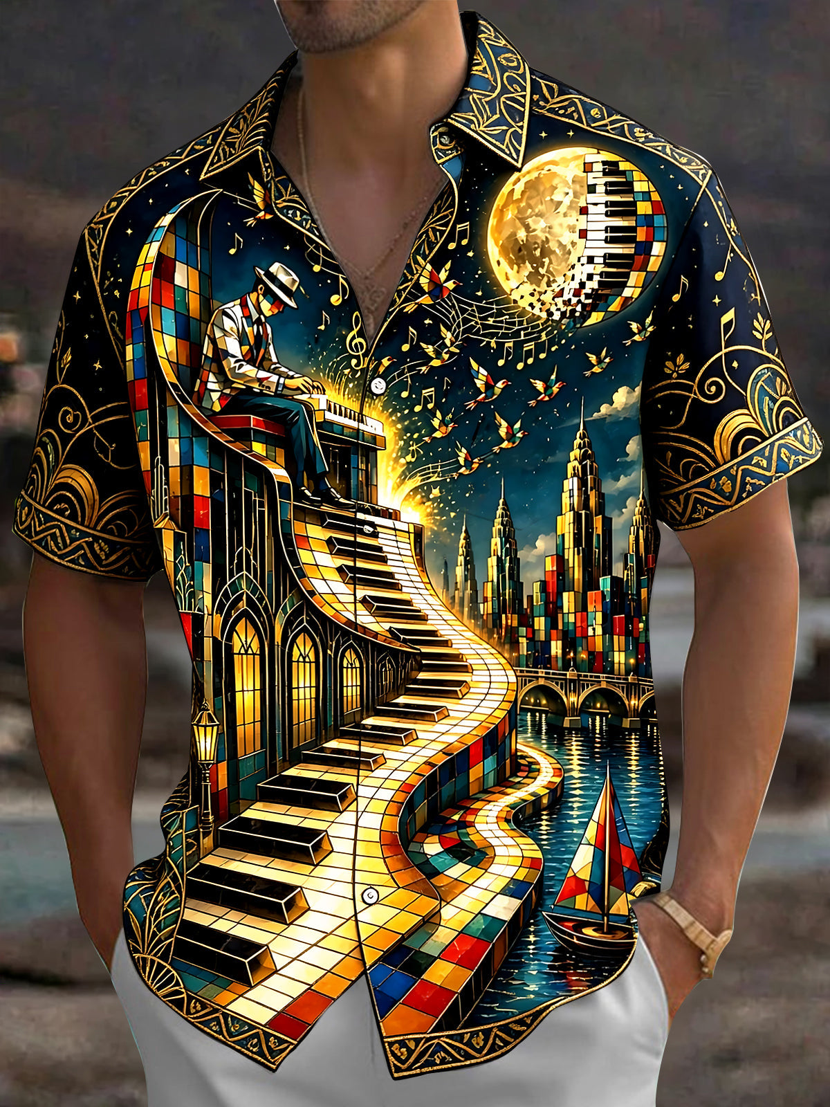 Adaychic Men's Hawaiian Pattern Print Short Sleeve Shirt with Chest Pocket