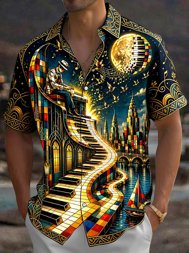 Adaychic Men's Hawaiian Pattern Print Short Sleeve Shirt with Chest Pocket