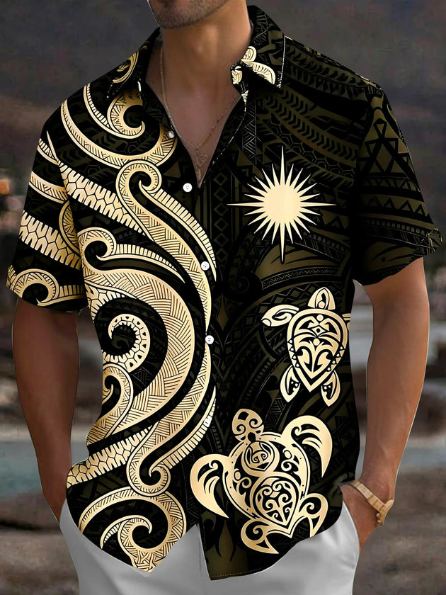 Adaychic Men's Hawaiian Tribal Turtle Print Sunburst Print Short Sleeve Shirt with Chest Pocket