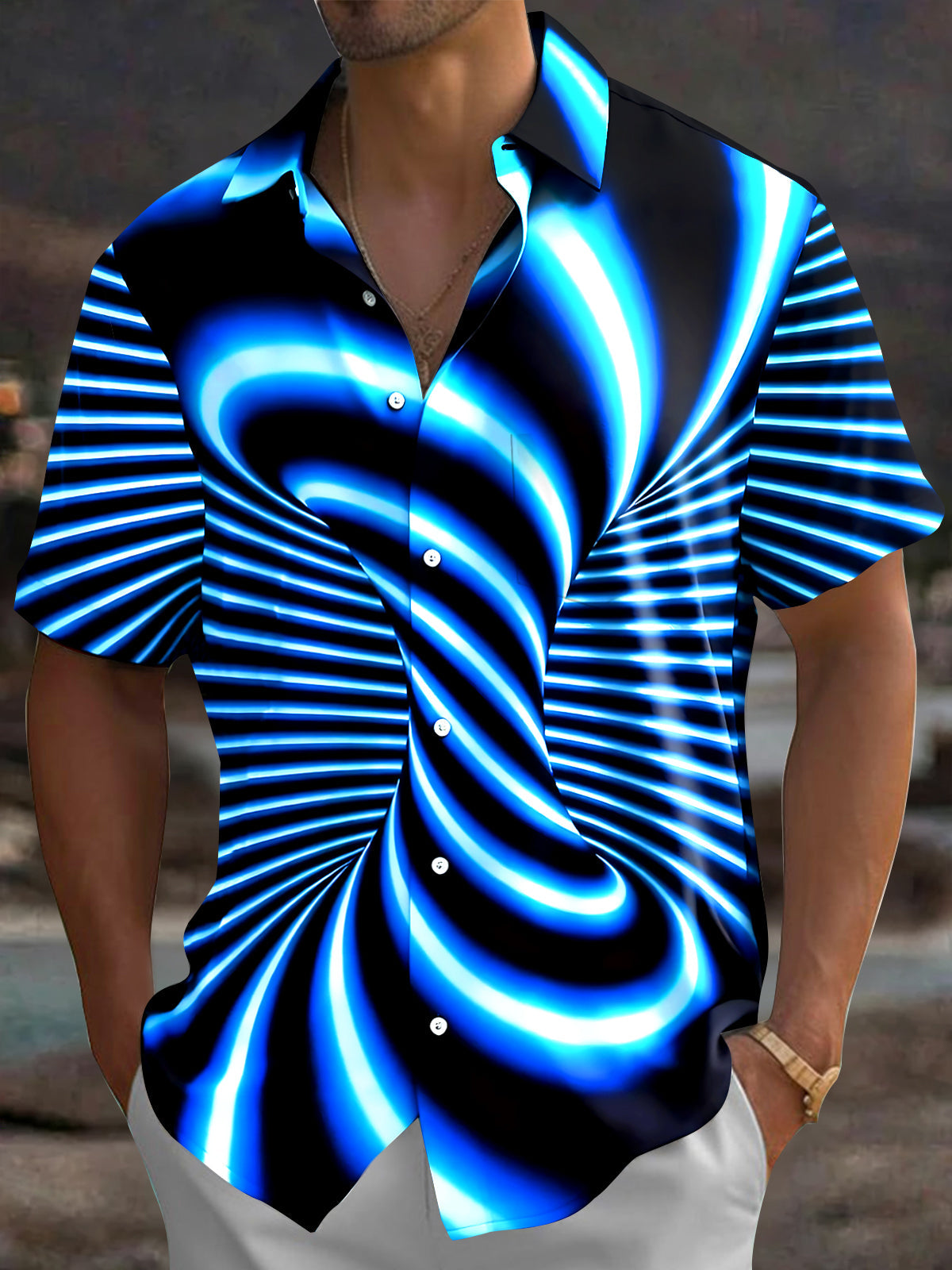Adaychic Men's Psychedelic Blue Neon Swirl Pattern Short Sleeve Shirt with Chest Pocket