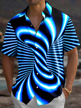 Adaychic Men's Psychedelic Blue Neon Swirl Pattern Short Sleeve Shirt with Chest Pocket