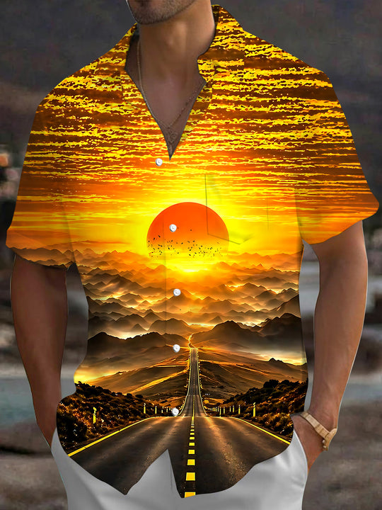 Adaychic Men's Hawaiian Sunset Landscape Print Short Sleeve Shirt with Chest Pocket