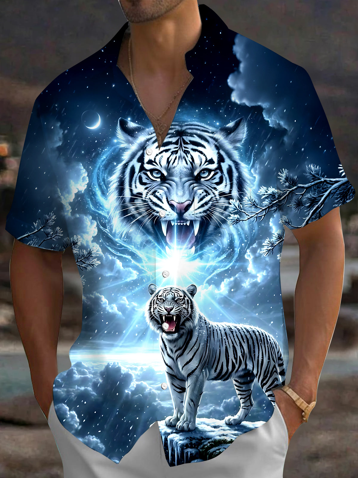 Adaychic Men's Graphic White Tiger Print Short Sleeve Shirt with Chest Pocket