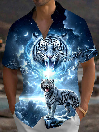 Adaychic Men's Graphic White Tiger Print Short Sleeve Shirt with Chest Pocket