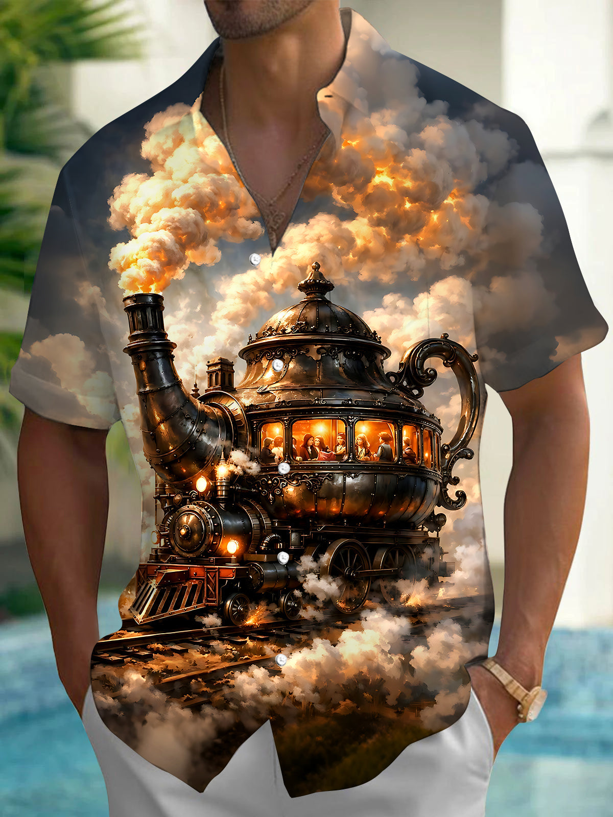 Adaychic Men's Vintage Style Steampunk Teapot Train Print Short Sleeve Shirt with Chest Pocket