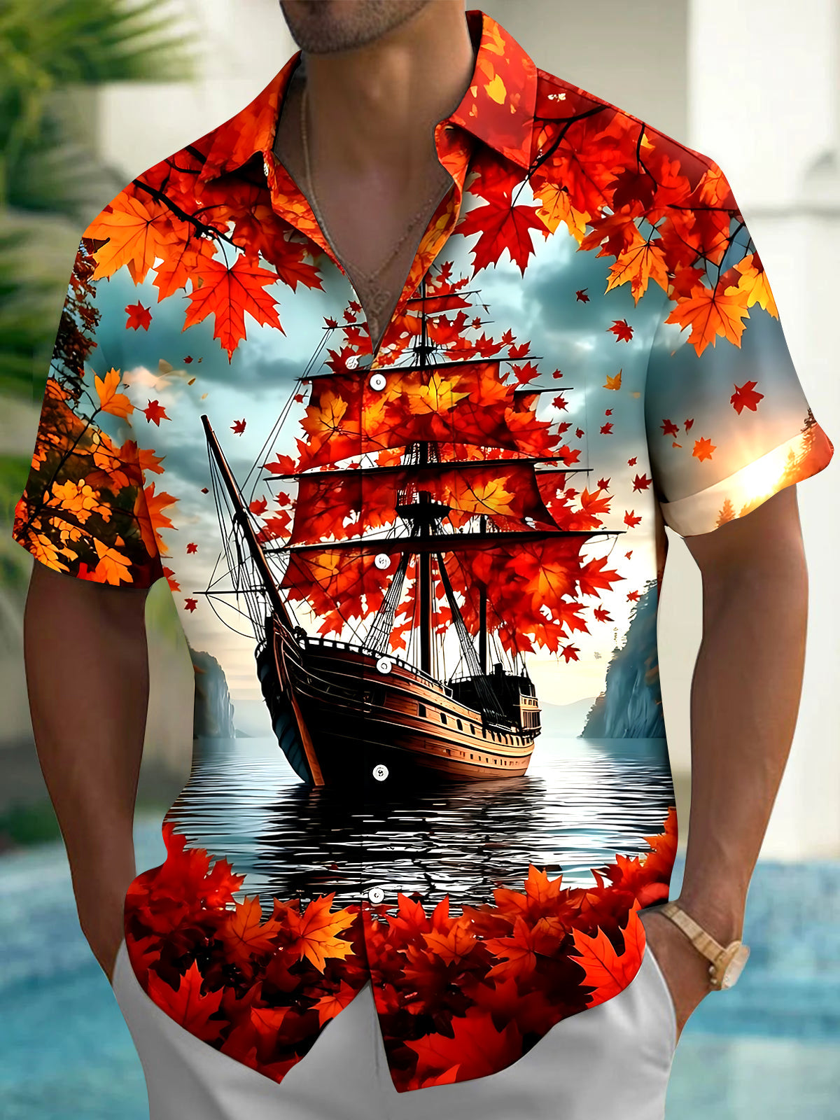 Adaychic Men's Hawaiian Autumn Maple Leaves Print Short Sleeve Shirt with Chest Pocket