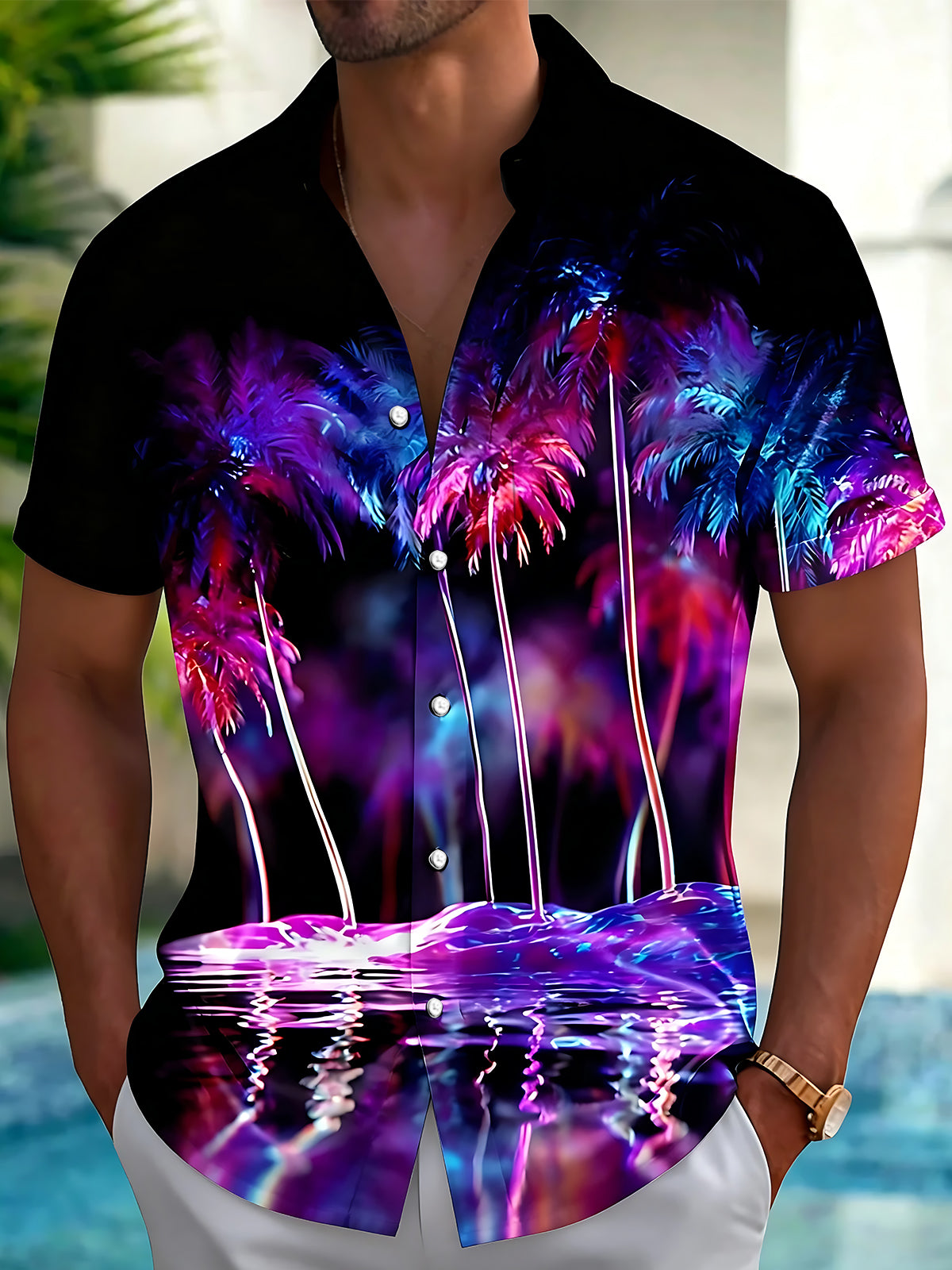 Adaychic Men's Hawaiian Neon Palm Trees Print Short Sleeve Shirt with Chest Pocket