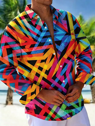 Adaychic Men's Printed Colorful Geometric Pattern Long Sleeve Shirt with Chest Pocket