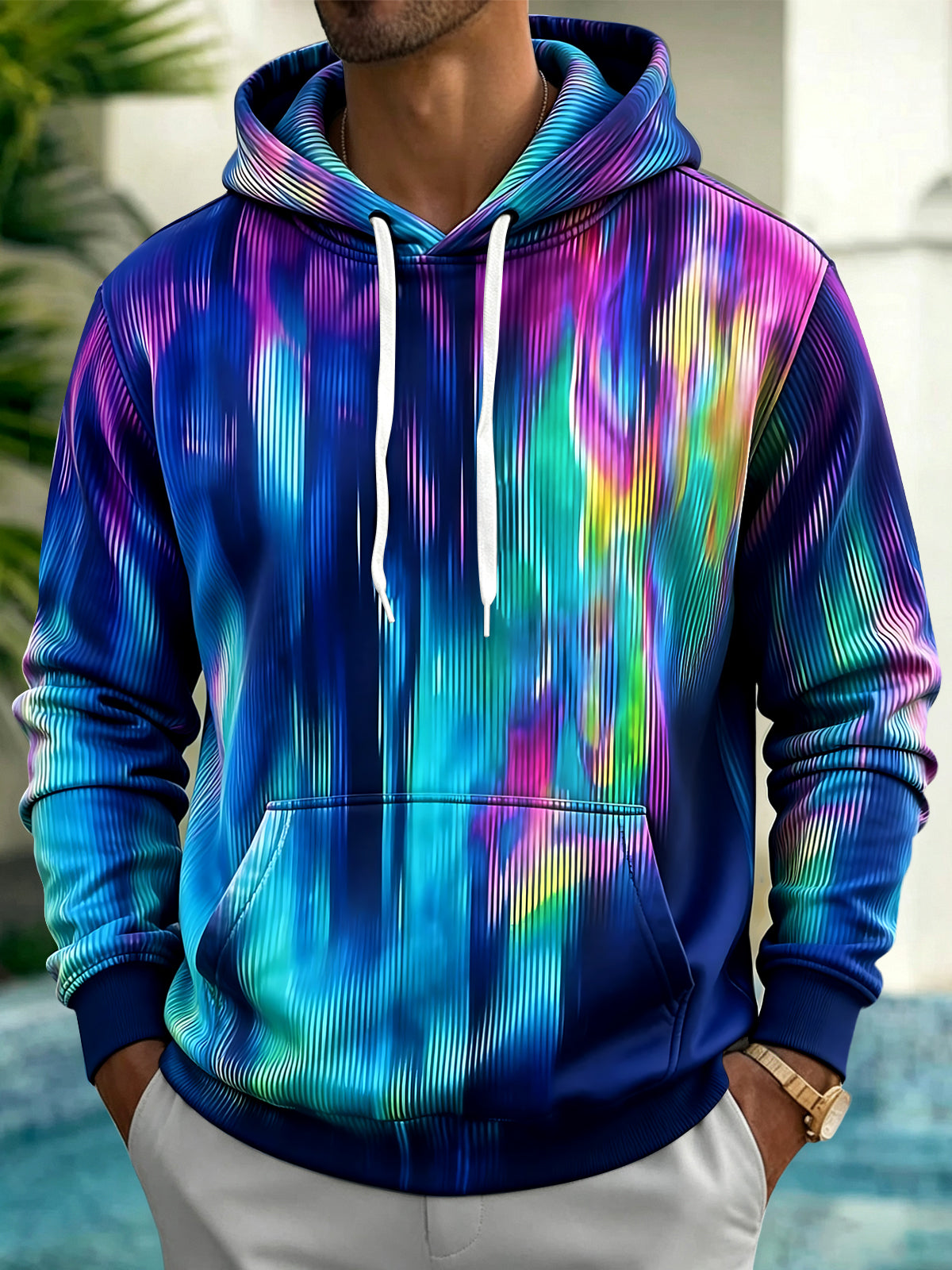 Adaychic Men's Tie Dye Colorful Gradient Lines Print Long Sleeve Hoodie with Chest Pocket