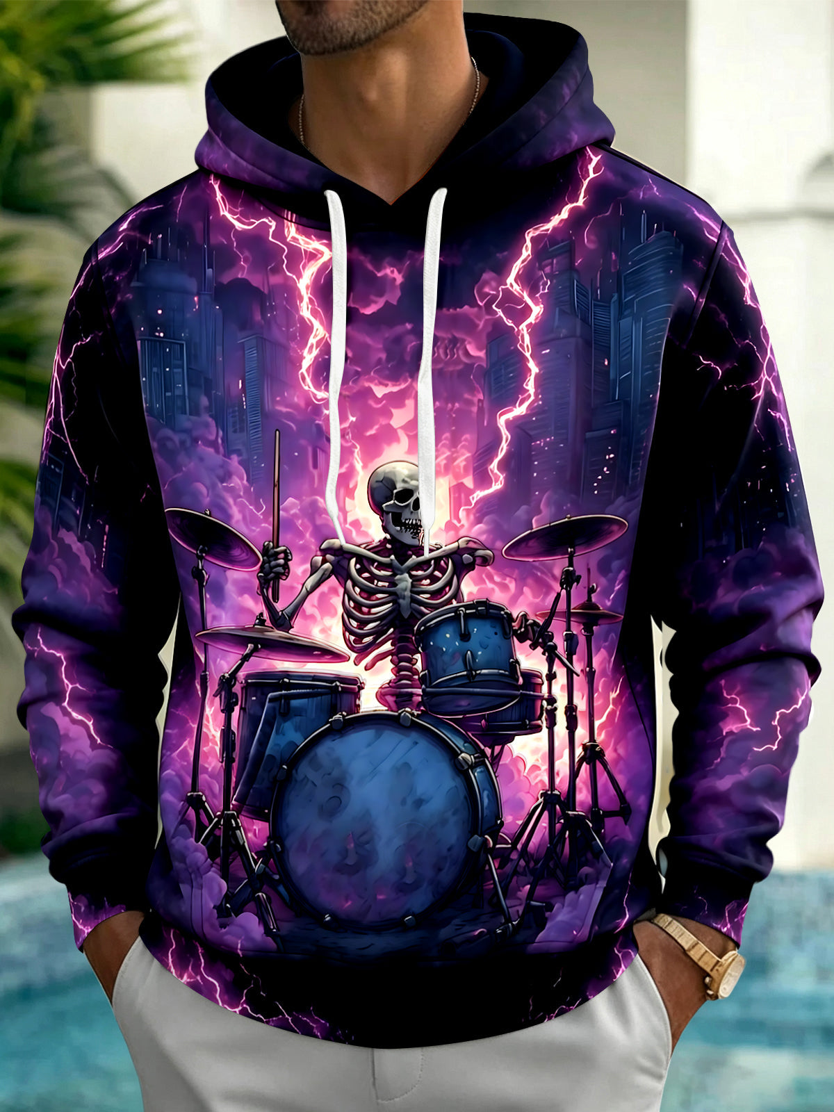 Adaychic Men's Graphic Skull Drummer Print Long Sleeve Hoodie with Chest Pocket