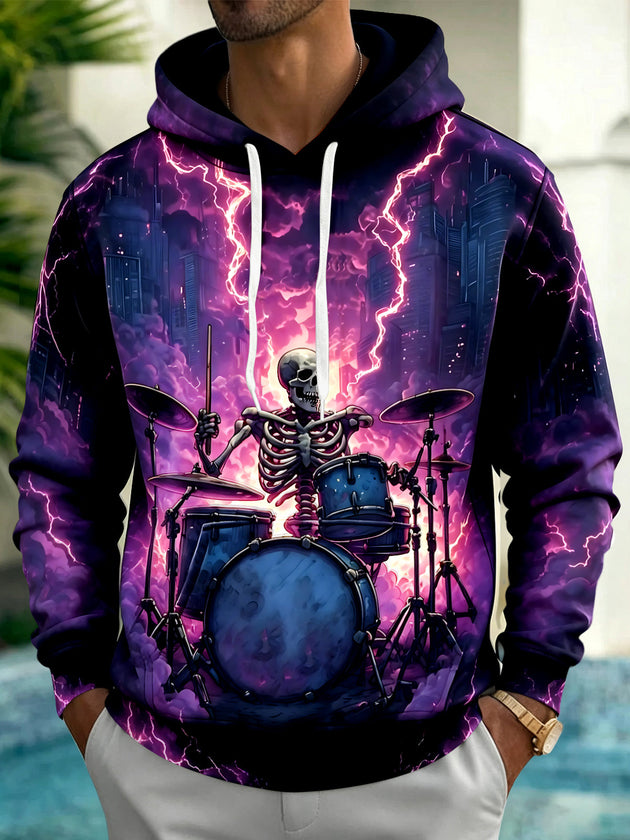 Adaychic Men's Graphic Skull Drummer Print Long Sleeve Hoodie with Chest Pocket