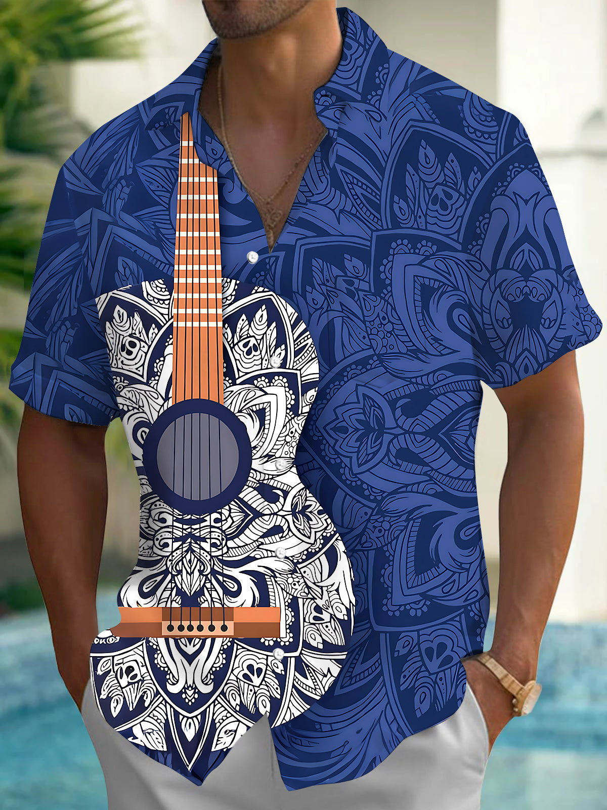 Adaychic Men's Hawaiian Guitar Mandala Pattern Short Sleeve Shirt with Chest Pocket