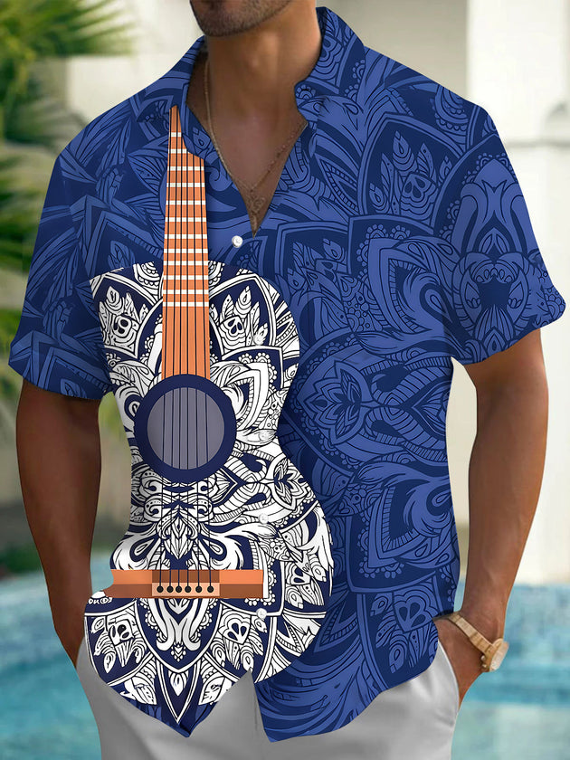Adaychic Men's Hawaiian Guitar Mandala Pattern Short Sleeve Shirt with Chest Pocket