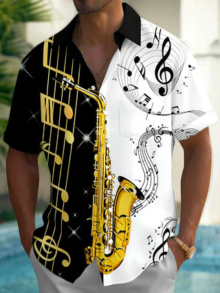 Adaychic Men's Hawaiian Saxophone Print Musical Notes Print Short Sleeve Shirt with Chest Pocket