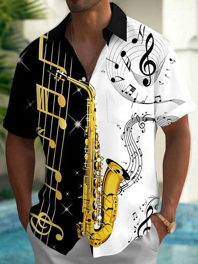 Adaychic Men's Hawaiian Saxophone Print Musical Notes Print Short Sleeve Shirt with Chest Pocket