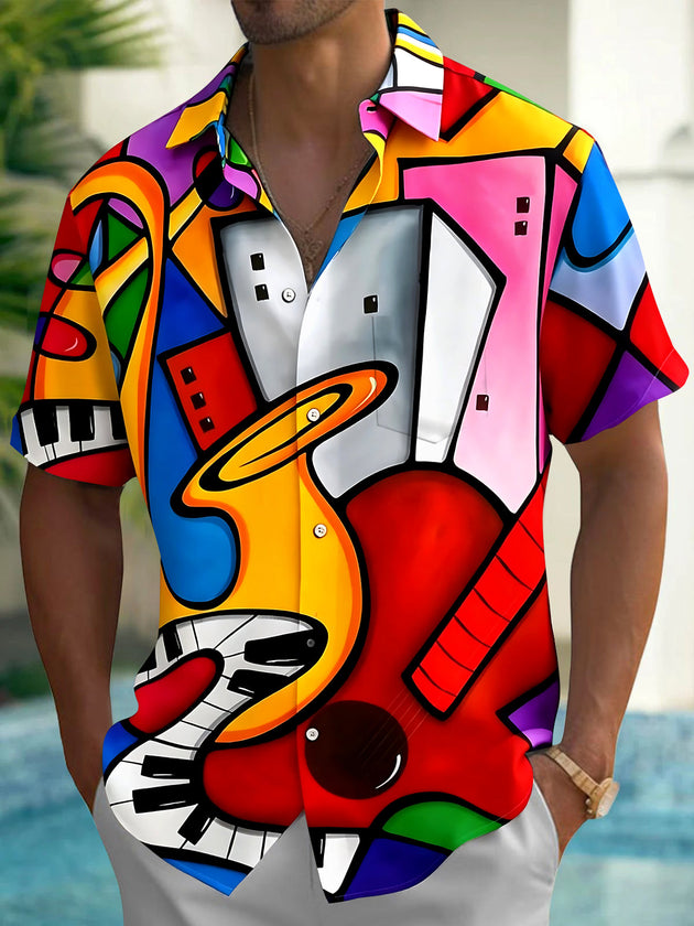 Adaychic Men's Graphic Abstract Musical Instruments Print Short Sleeve Shirt with Chest Pocket