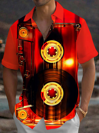 Adaychic Men's Vintage Style Cassette Tape Print Short Sleeve Shirt with Chest Pocket