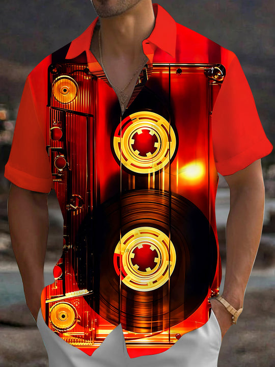 Adaychic Men's Vintage Style Cassette Tape Print Short Sleeve Shirt with Chest Pocket