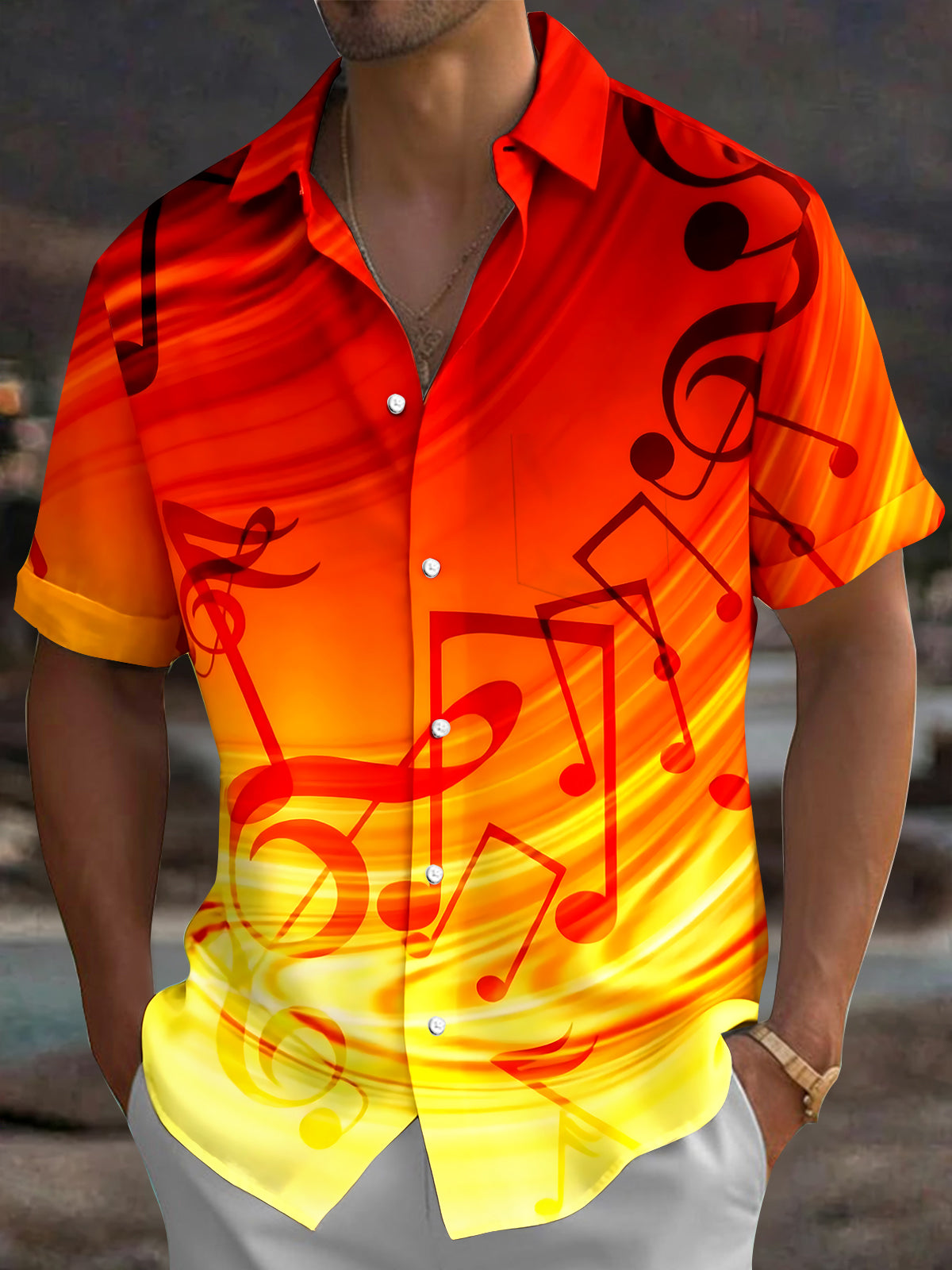 Adaychic Men's Graphic Musical Notes Print Short Sleeve Shirt with Chest Pocket