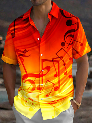 Adaychic Men's Graphic Musical Notes Print Short Sleeve Shirt with Chest Pocket