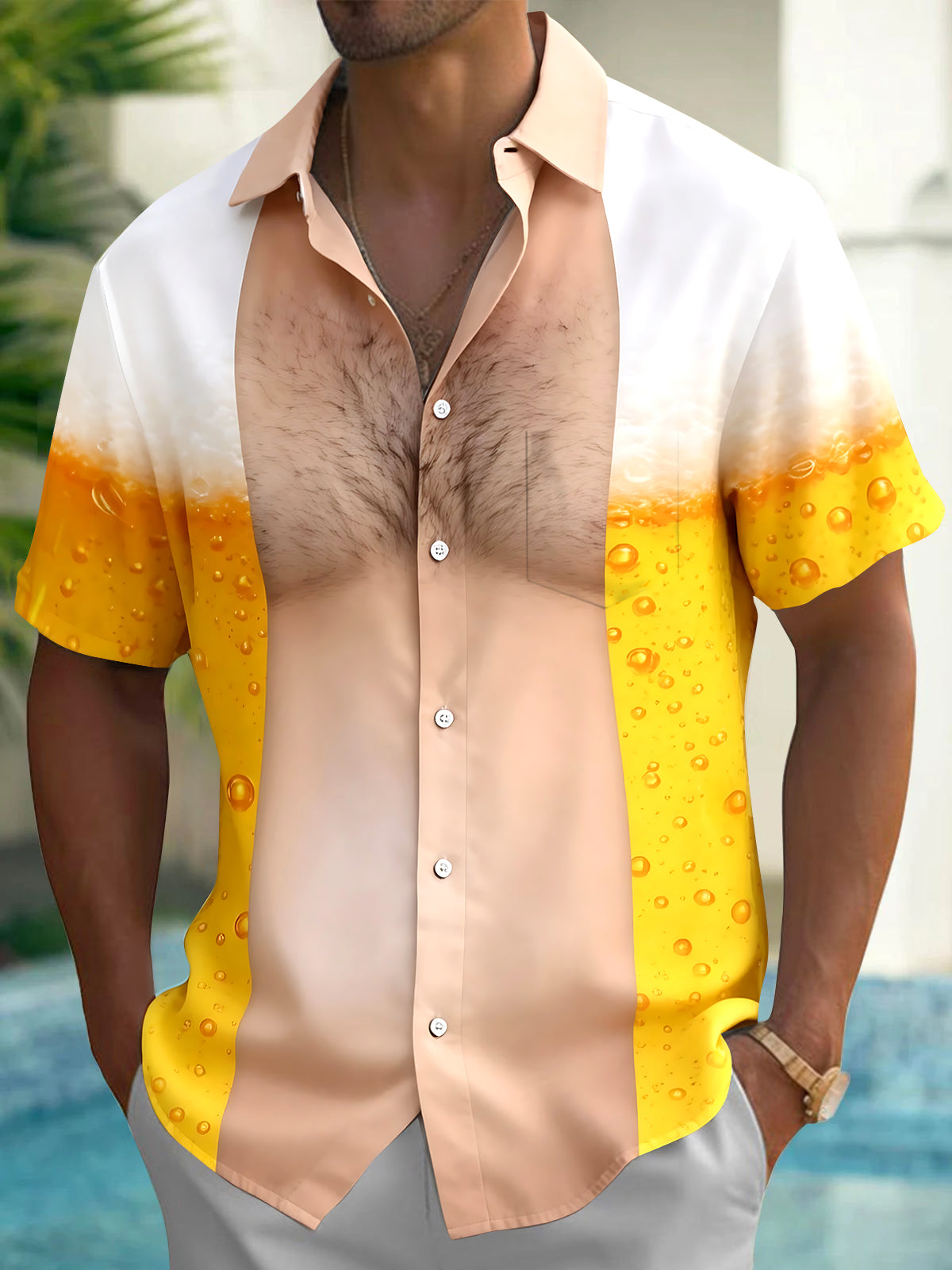 Adaychic Men's Graphic Beer Foam Bubbles Print Short Sleeve Shirt with Chest Pocket