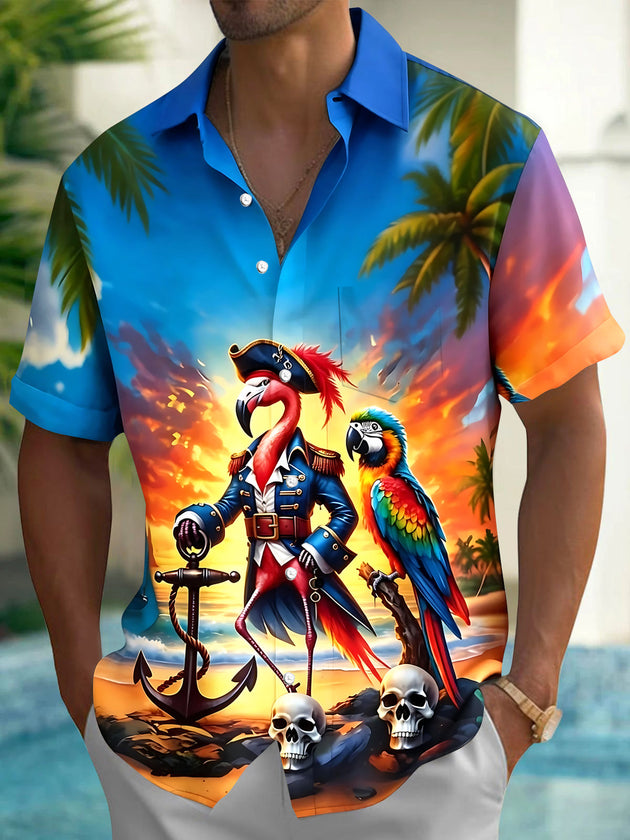 Adaychic Men's Hawaiian Pirate Flamingo Print Parrot Print Short Sleeve Shirt with Chest Pocket