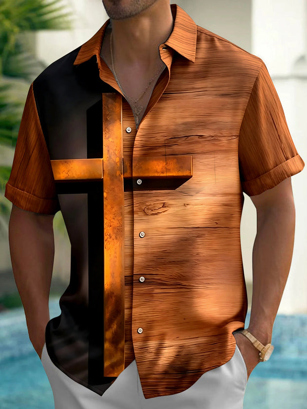Adaychic Men's Vintage Style Wood Grain Texture Print Short Sleeve Shirt with Chest Pocket