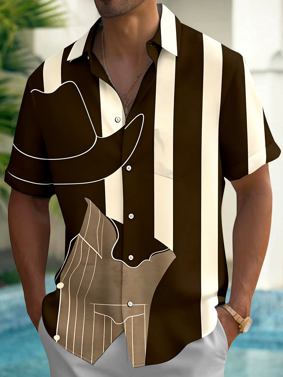 Adaychic Men's Printed Western Cowboy Hat Print Short Sleeve Shirt with Chest Pocket