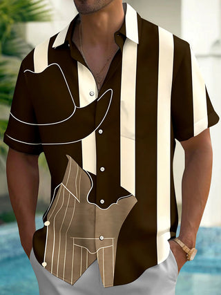 Adaychic Men's Printed Western Cowboy Hat Print Short Sleeve Shirt with Chest Pocket