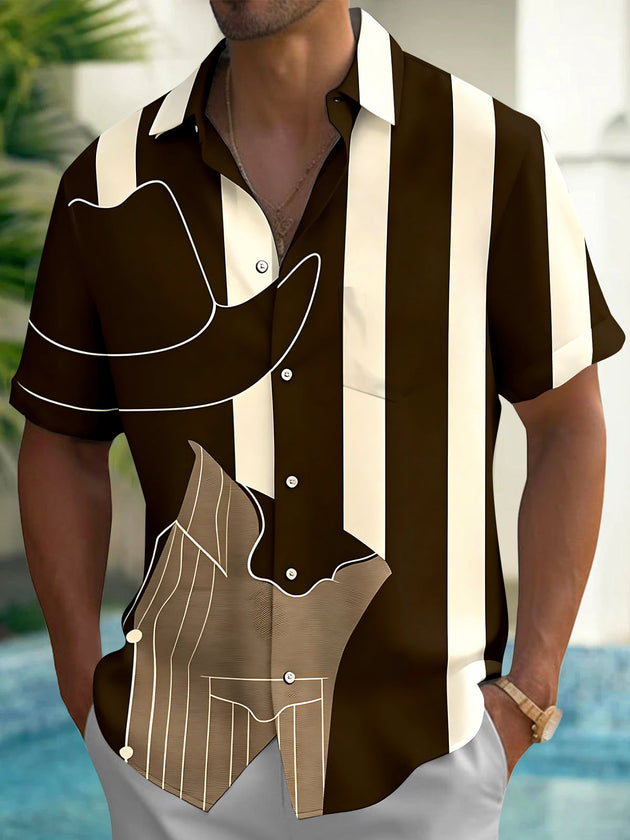Adaychic Men's Printed Western Cowboy Hat Print Short Sleeve Shirt with Chest Pocket