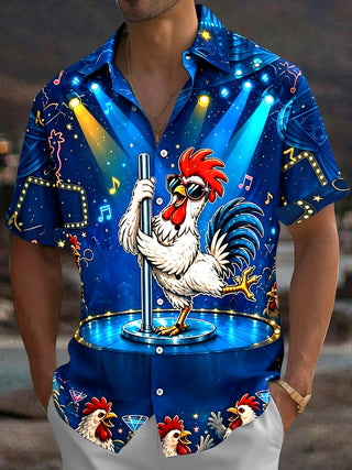 Adaychic Men's Hawaiian Dancing Rooster Print Short Sleeve Shirt with Chest Pocket