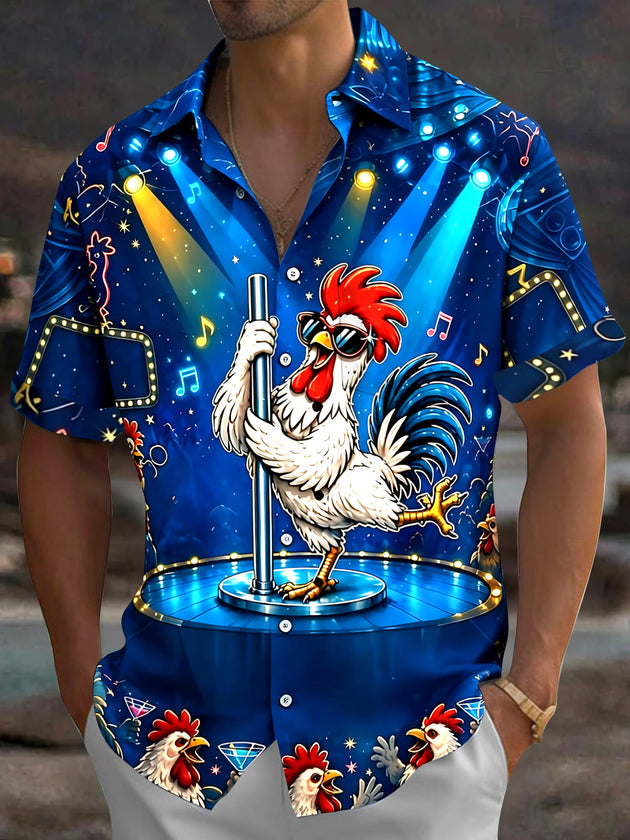 Adaychic Men's Hawaiian Dancing Rooster Print Short Sleeve Shirt with Chest Pocket