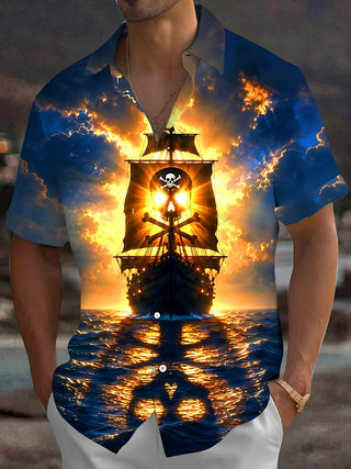 Adaychic Men's Graphic Pattern Print Short Sleeve Shirt with Chest Pocket