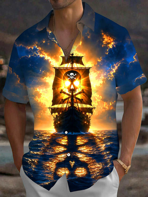 Adaychic Men's Graphic Pattern Print Short Sleeve Shirt with Chest Pocket
