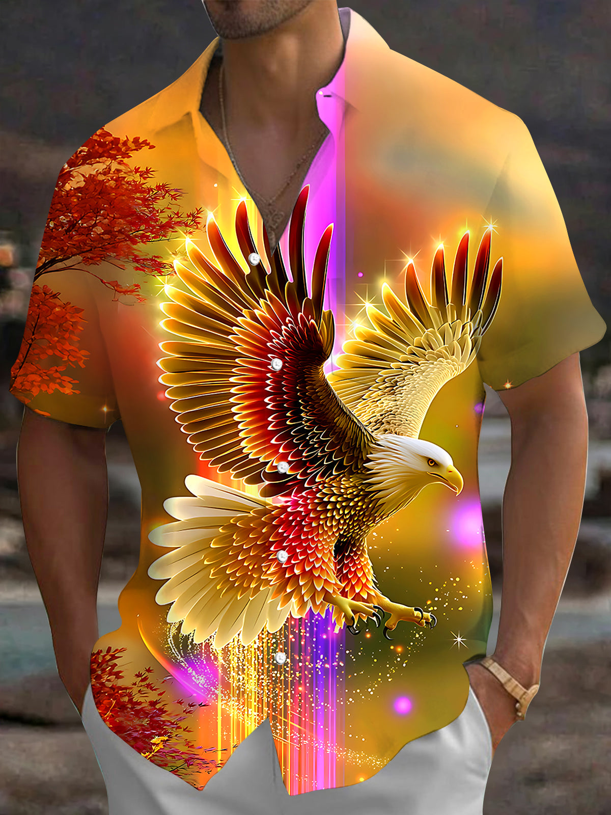 Adaychic Men's Graphic Golden Eagle Print Short Sleeve Shirt with Chest Pocket