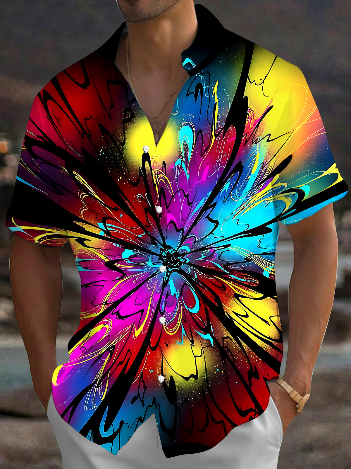 Adaychic Men's Tie Dye Colorful Abstract Radial Burst Print Short Sleeve Shirt with Chest Pocket