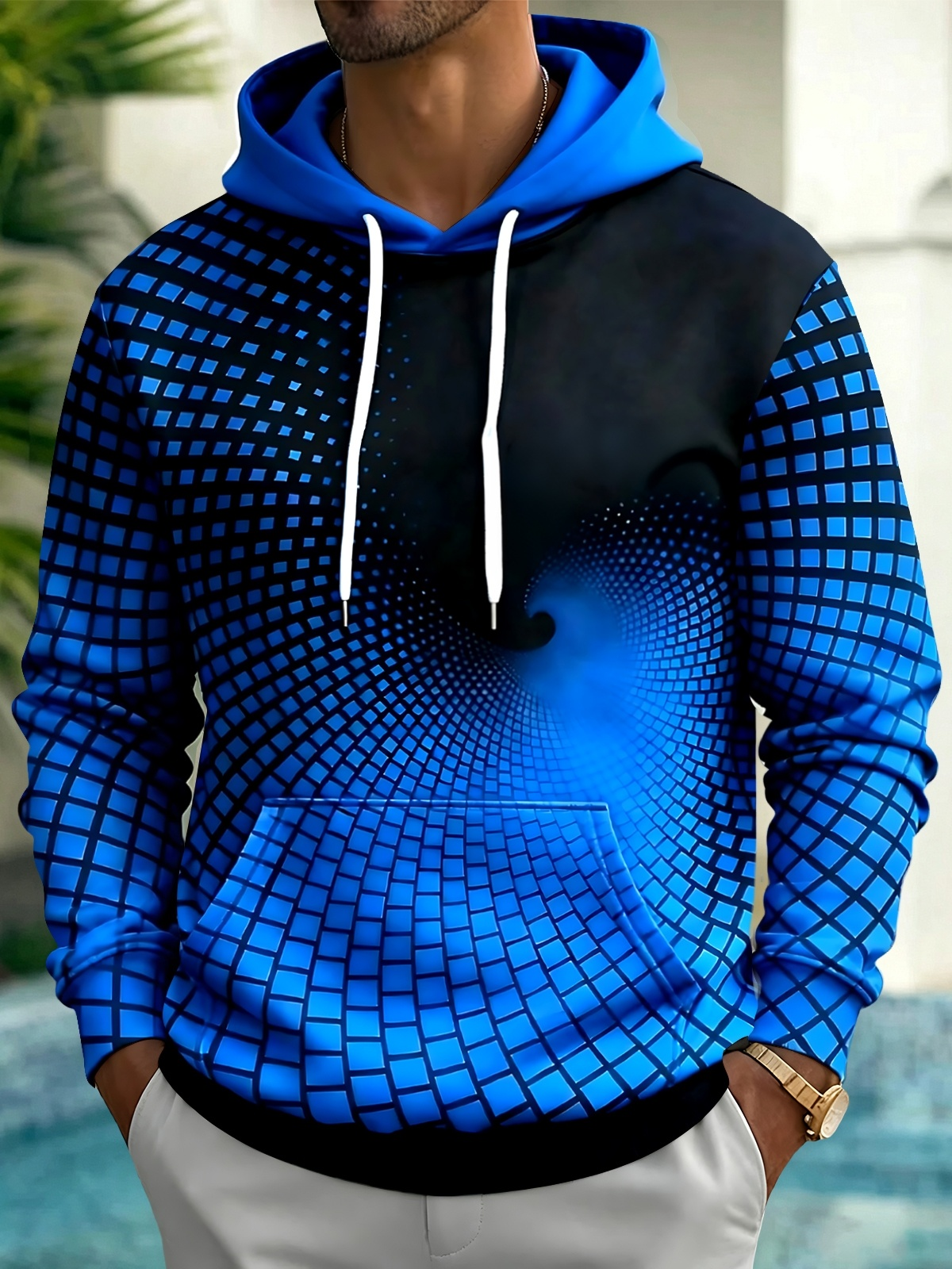 Adaychic Men's Printed Geometric Grid Pattern Long Sleeve Hoodie with Chest Pocket
